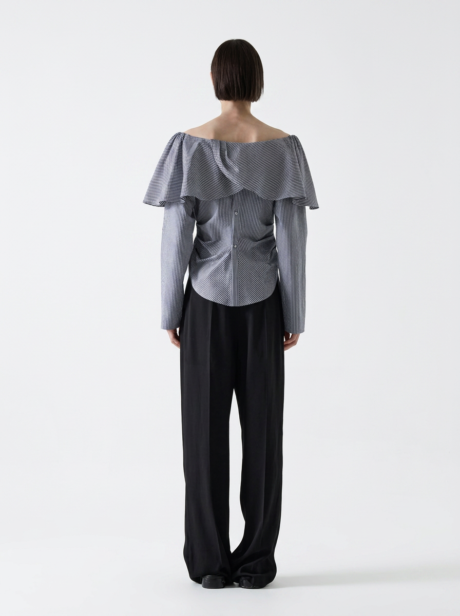Black Striped One-Shoulder Ruffle Blouse