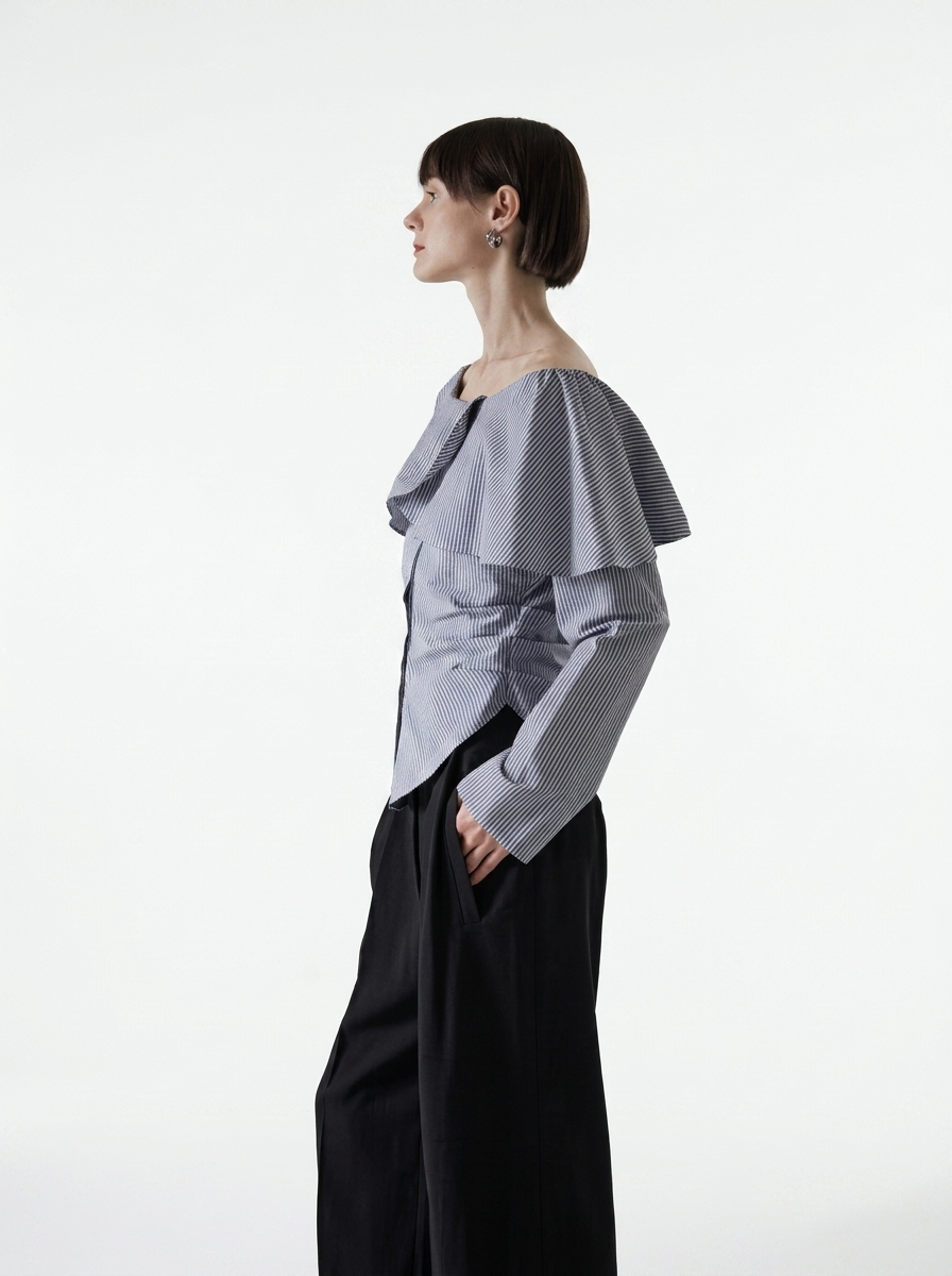 Black Striped One-Shoulder Ruffle Blouse