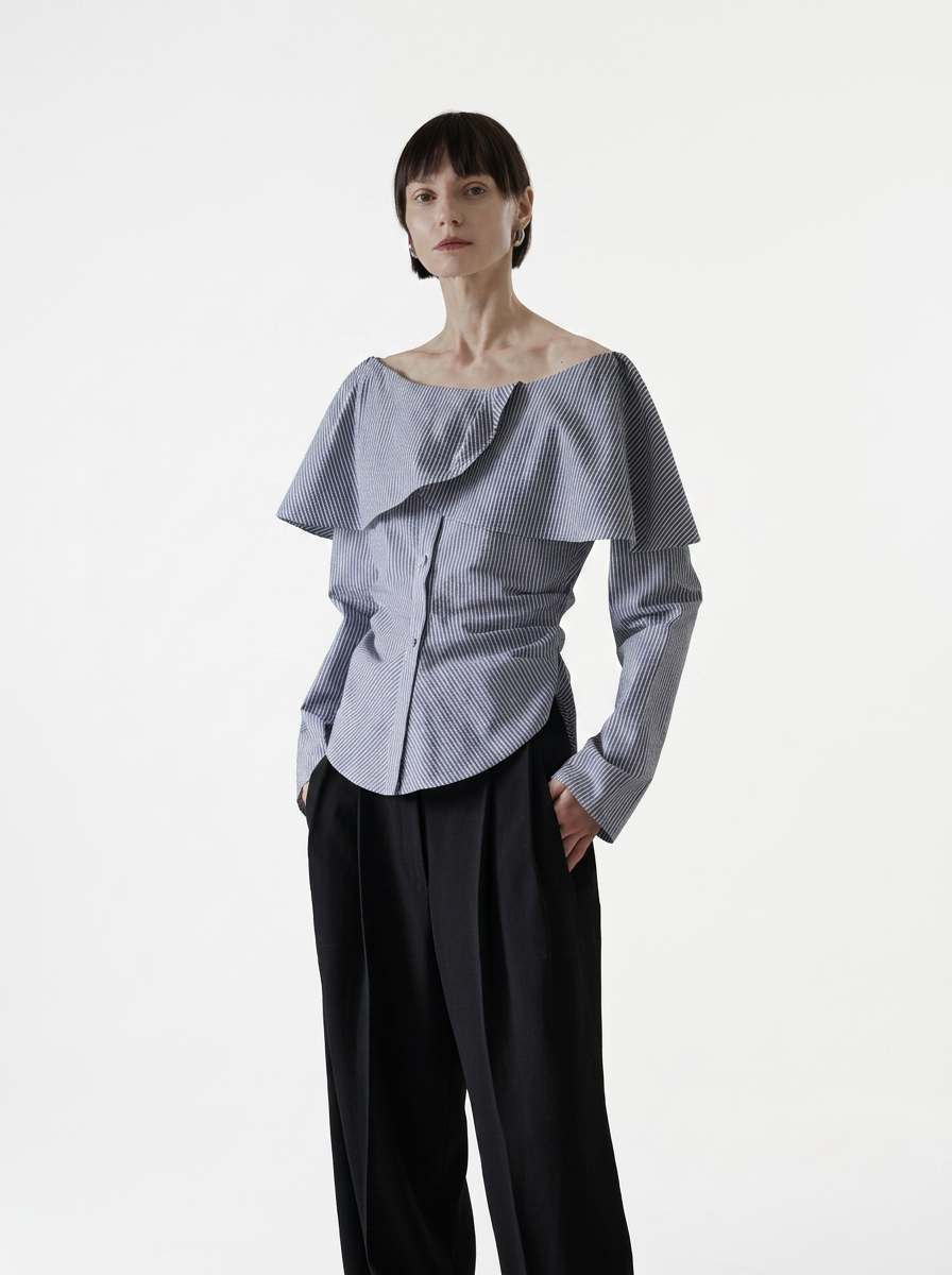 Black Striped One-Shoulder Ruffle Blouse