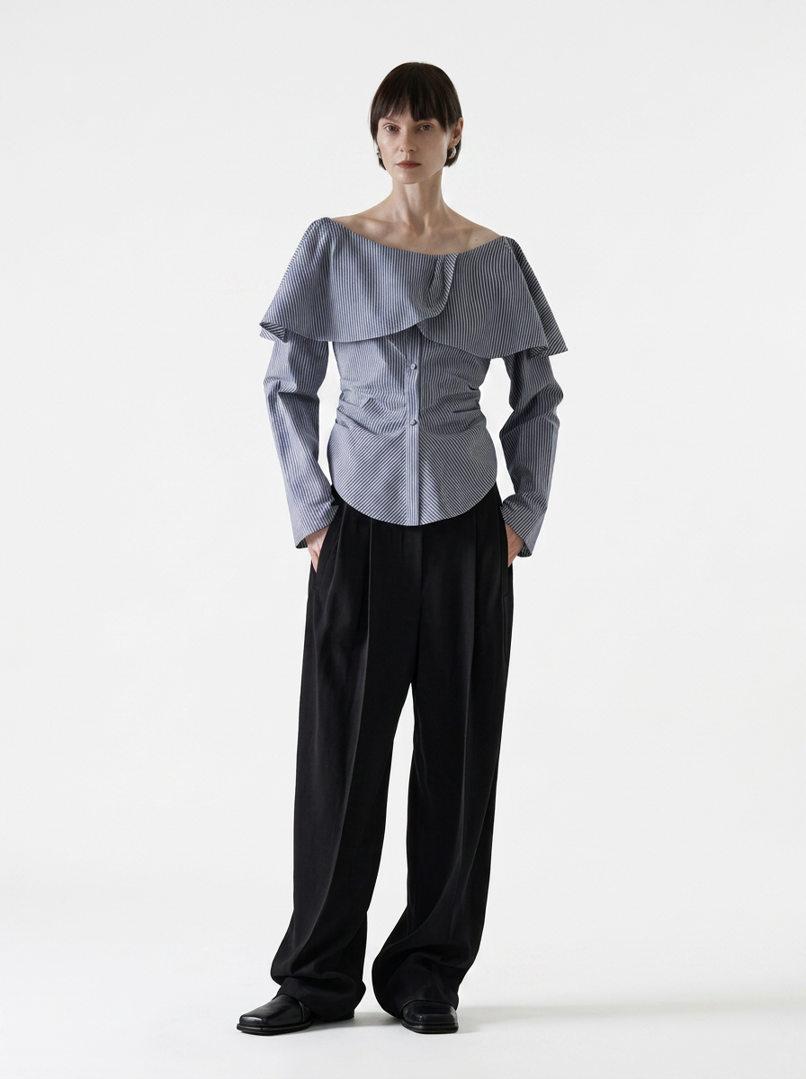 Black Striped One-Shoulder Ruffle Blouse