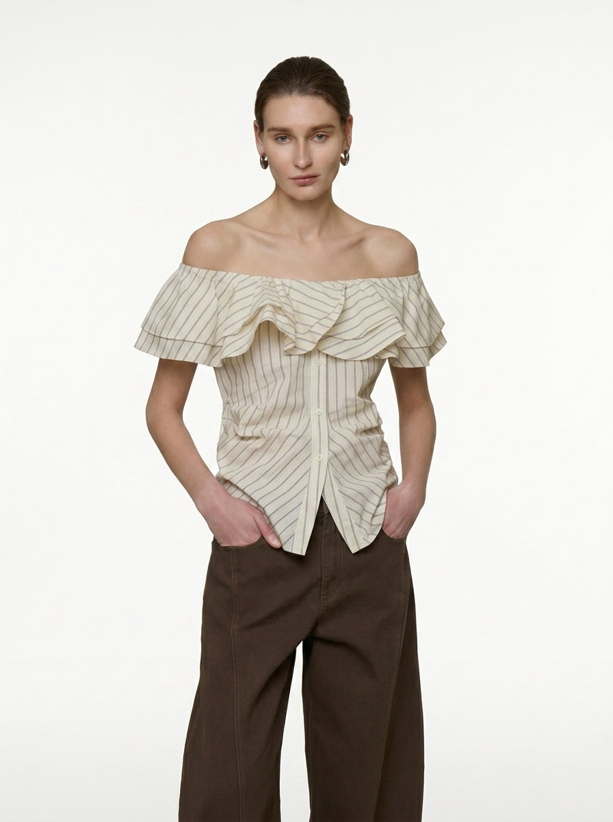 White Striped One-Shoulder Ruffle Blouse