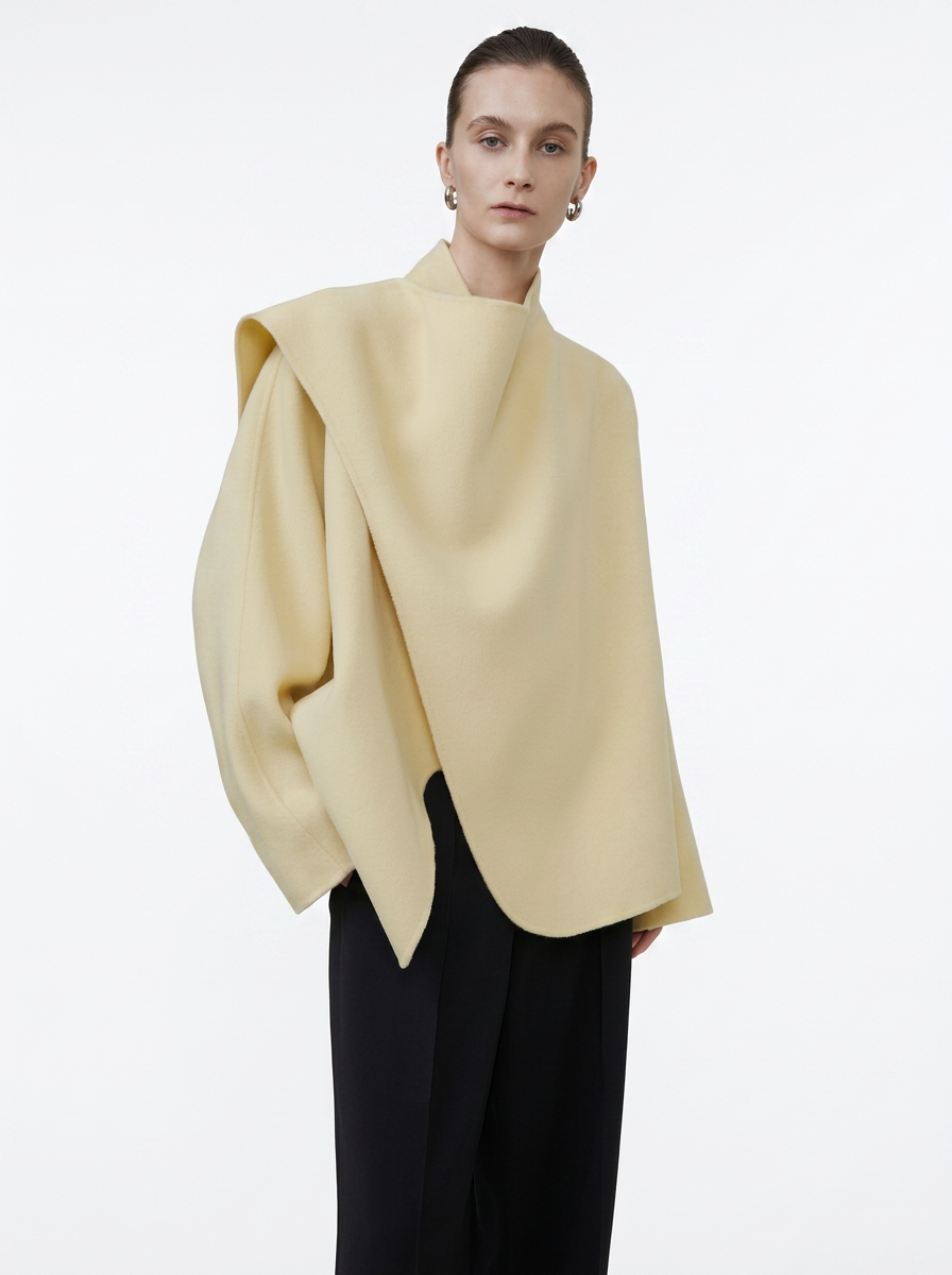 Beige Wool Irregular Collar Short Coat