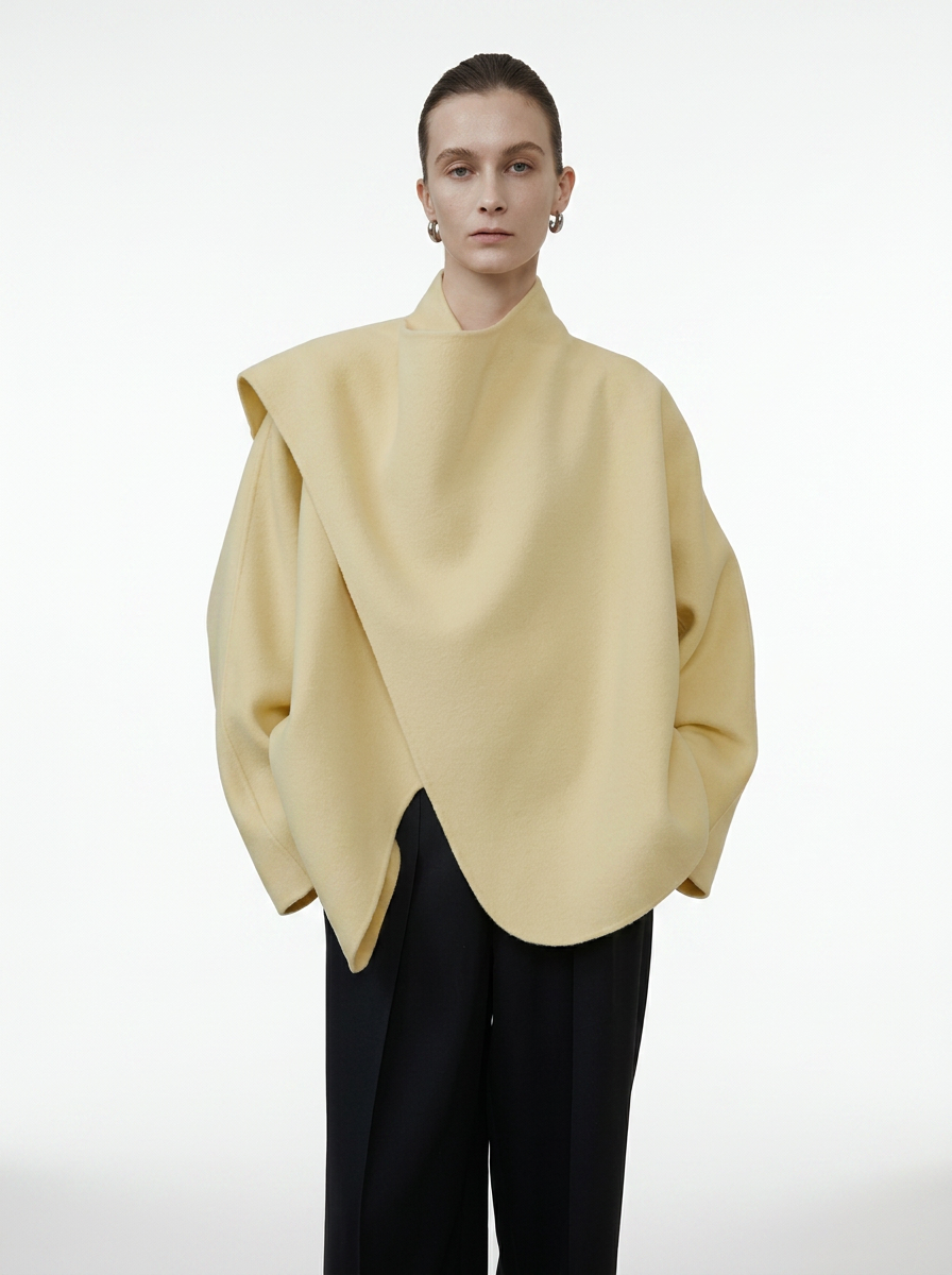 Beige Wool Irregular Collar Short Coat