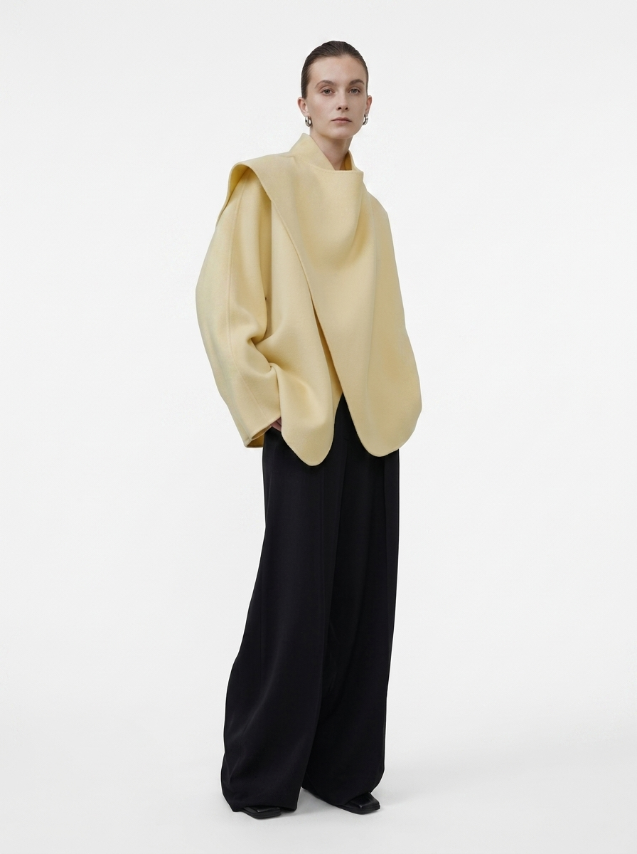 Beige Wool Irregular Collar Short Coat