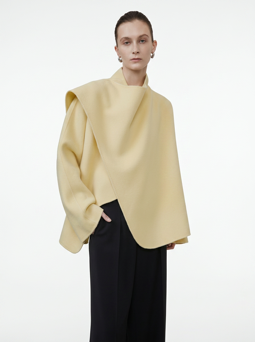 Beige Wool Irregular Collar Short Coat