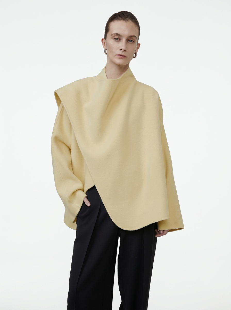 Beige Wool Irregular Collar Short Coat