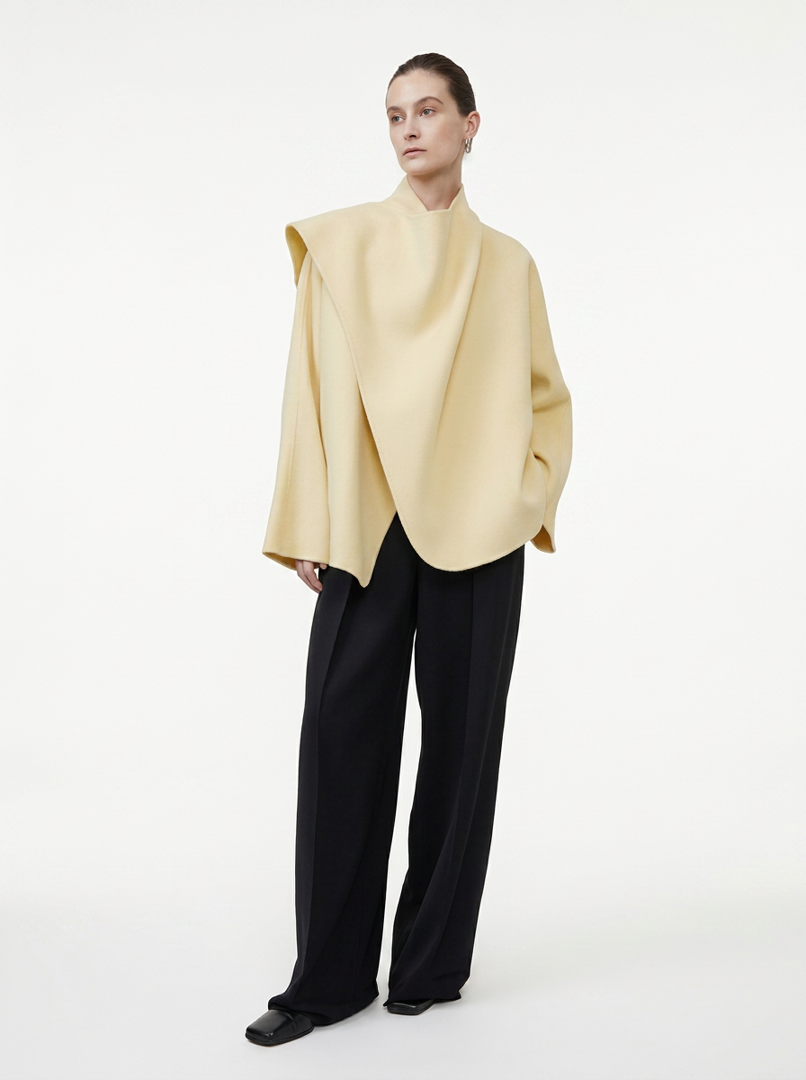 Beige Wool Irregular Collar Short Coat