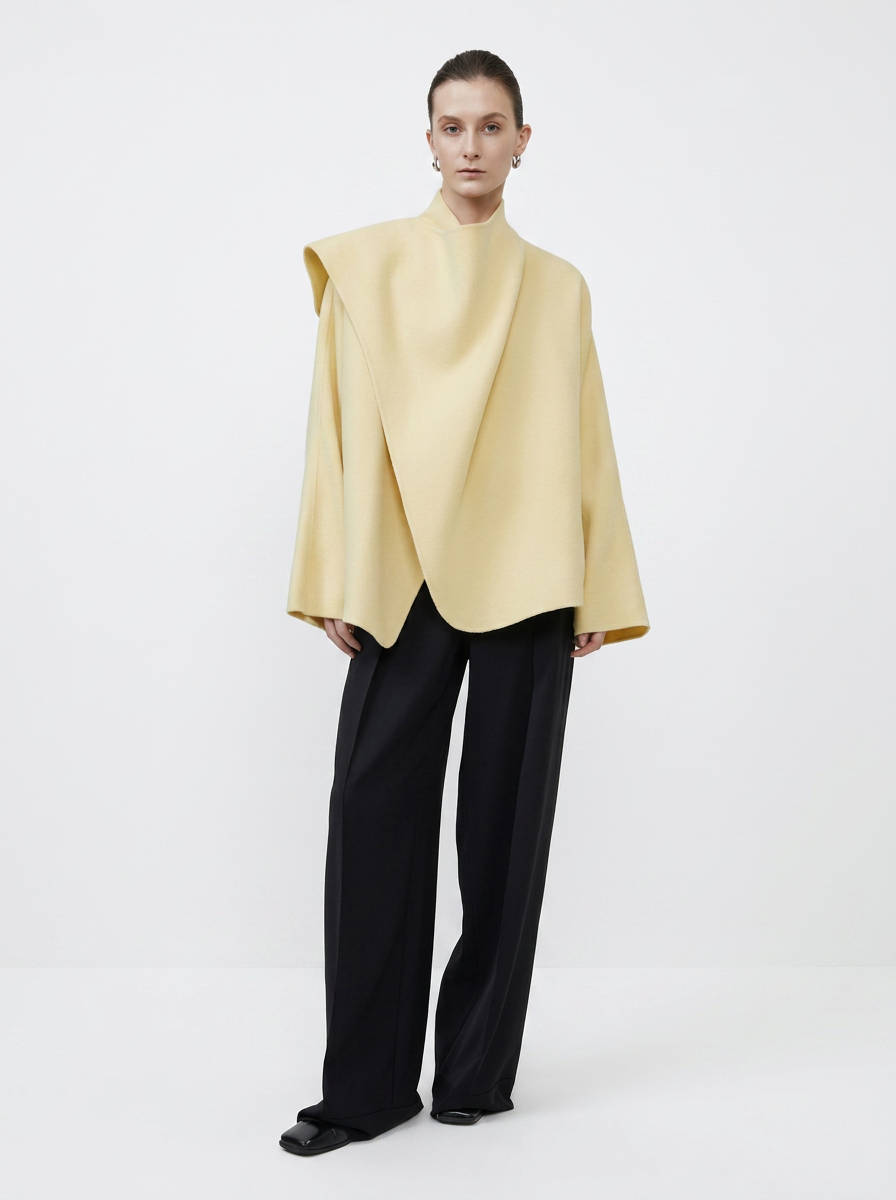 Beige Wool Irregular Collar Short Coat