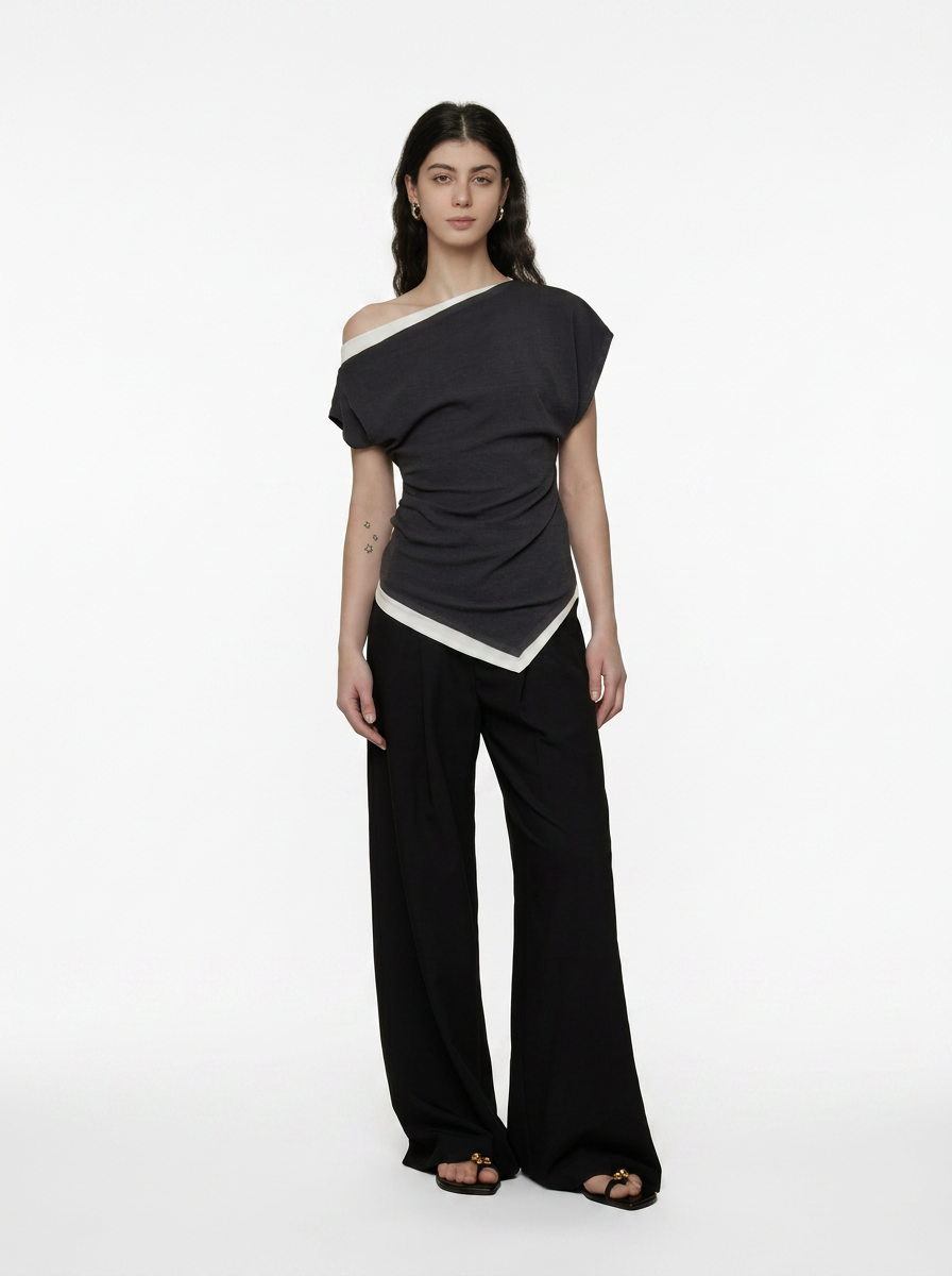 Black One-Shoulder Asymmetrical Knit Top