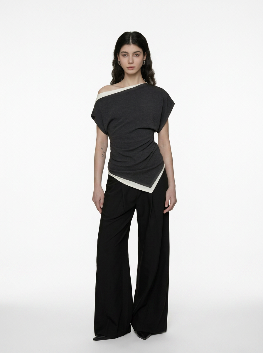 Black One-Shoulder Asymmetrical Knit Top