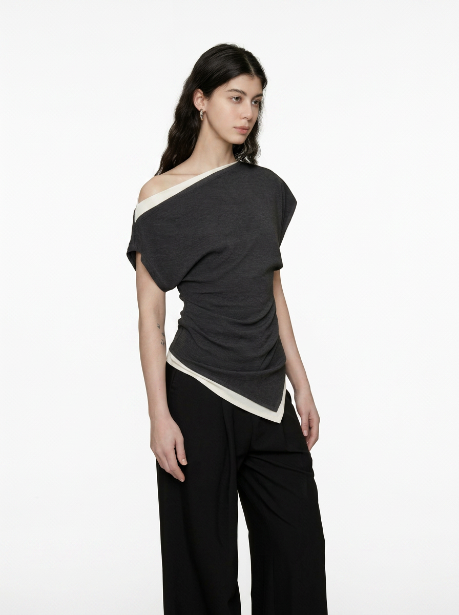 Black One-Shoulder Asymmetrical Knit Top