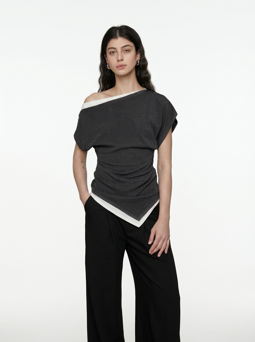 Black One-Shoulder Asymmetrical Knit Top