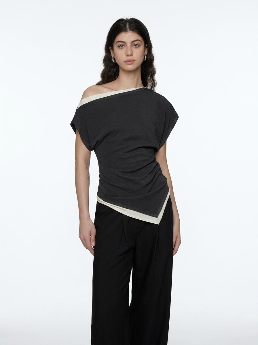 Black One-Shoulder Asymmetrical Knit Top