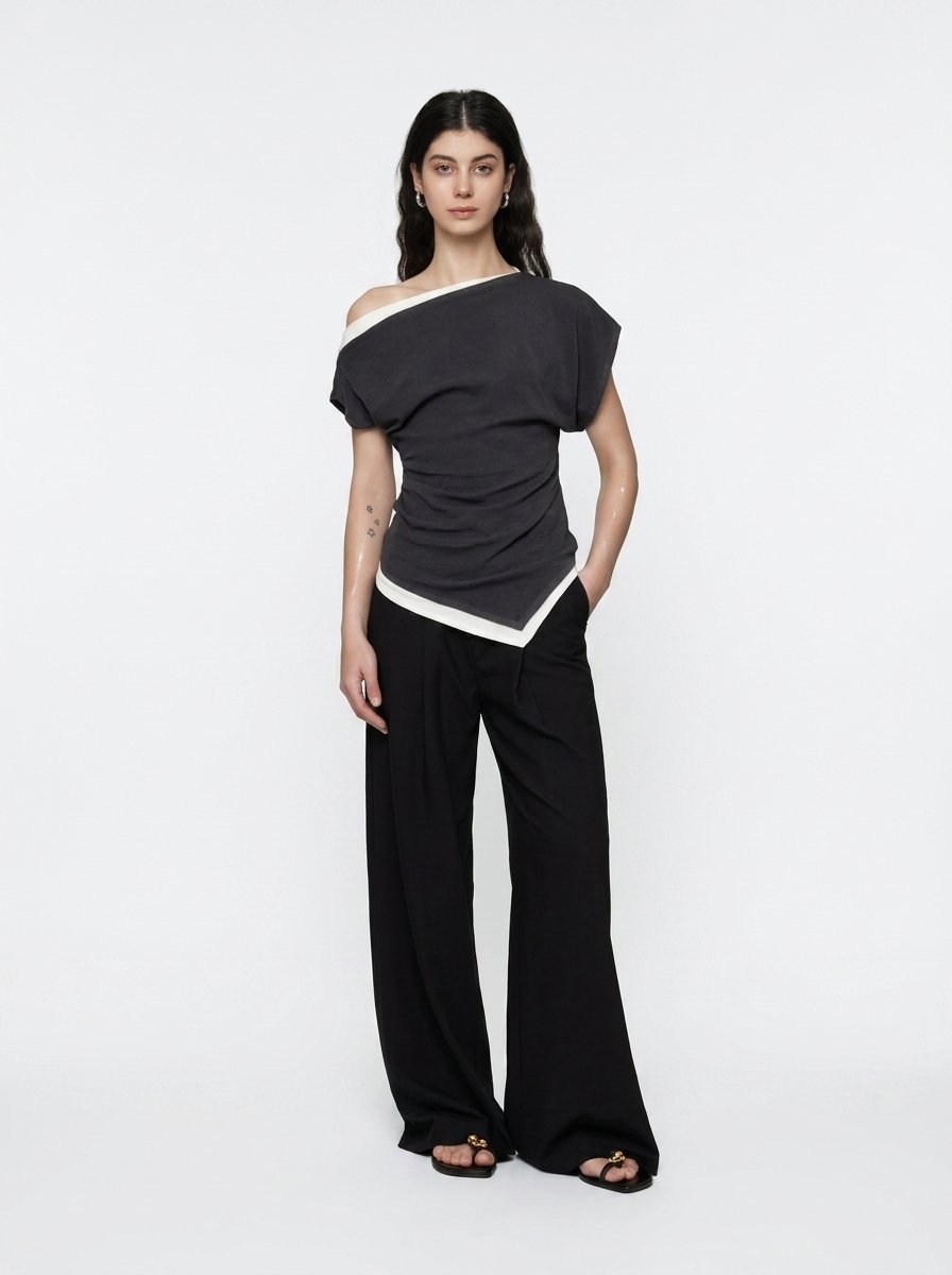Black One-Shoulder Asymmetrical Knit Top