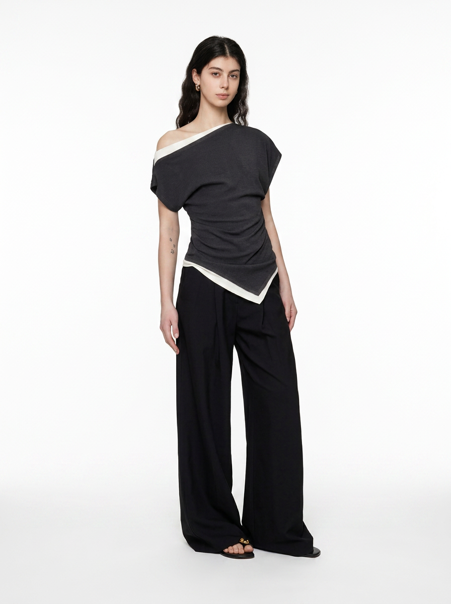 Black One-Shoulder Asymmetrical Knit Top