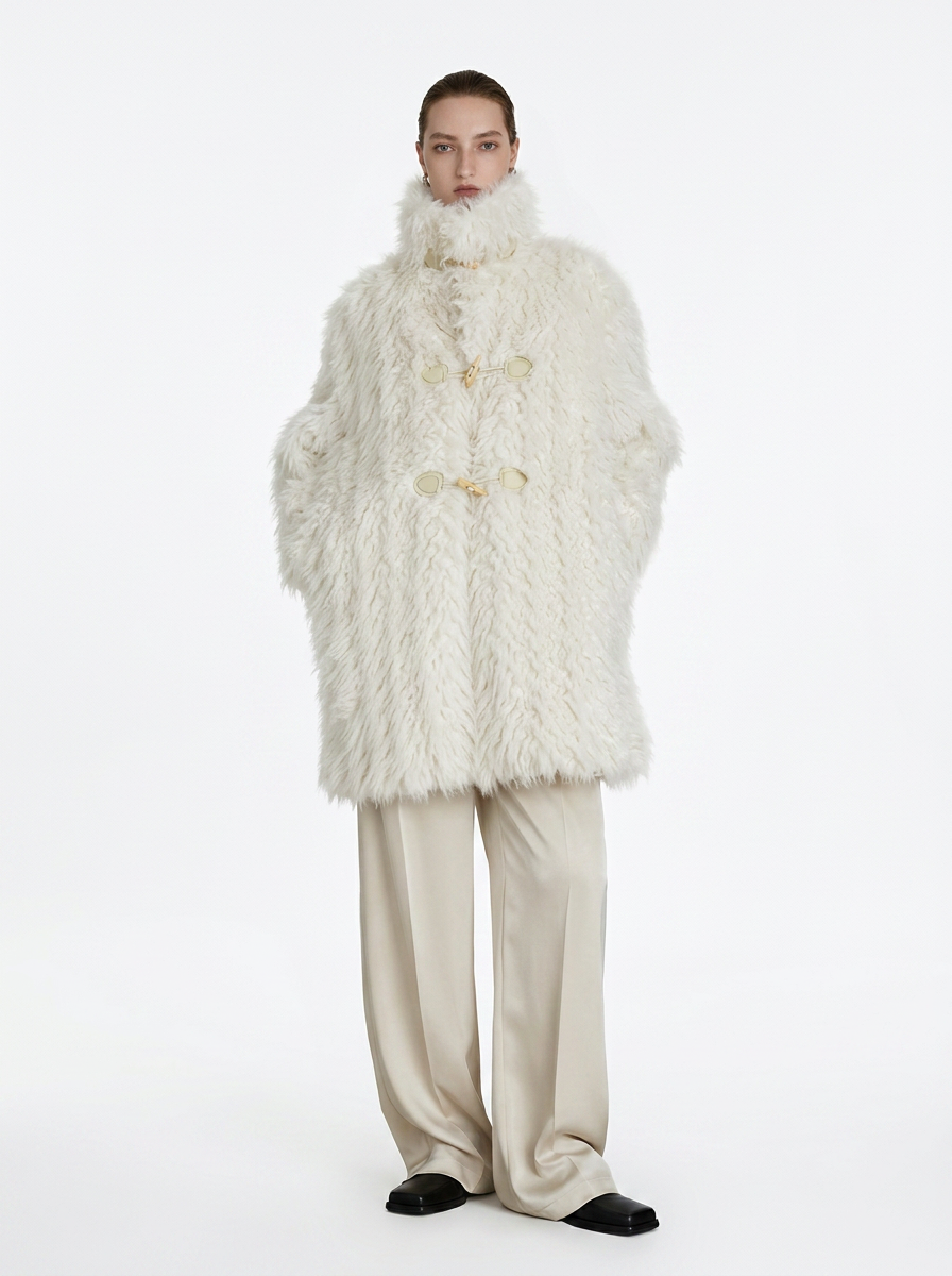 Cream Faux Fur Horn Buckle Coat