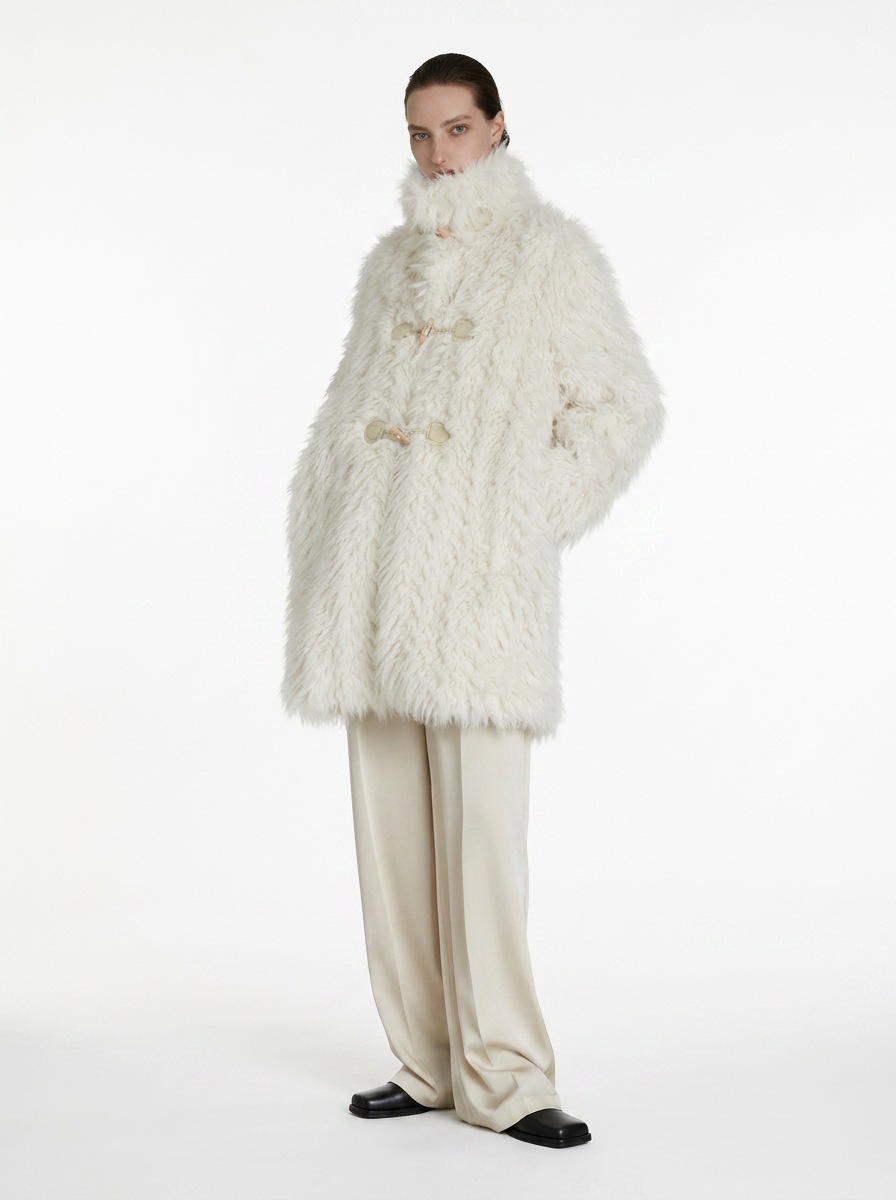 Cream Faux Fur Horn Buckle Coat