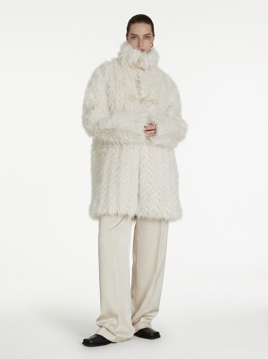Cream Faux Fur Horn Buckle Coat