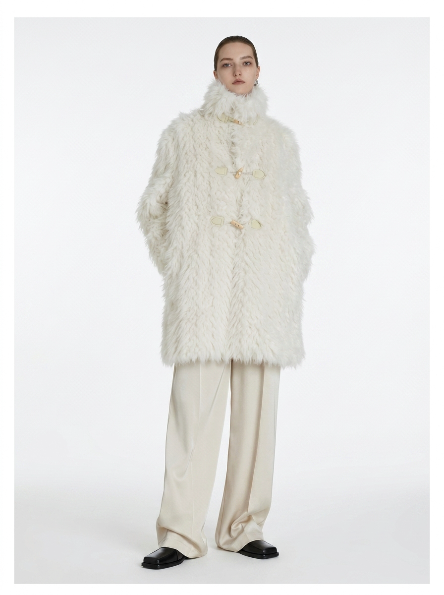 Cream Faux Fur Horn Buckle Coat