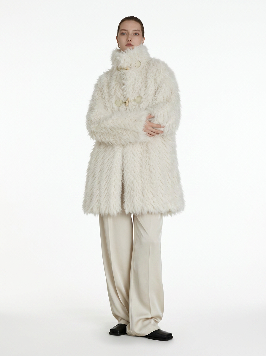 Cream Faux Fur Horn Buckle Coat