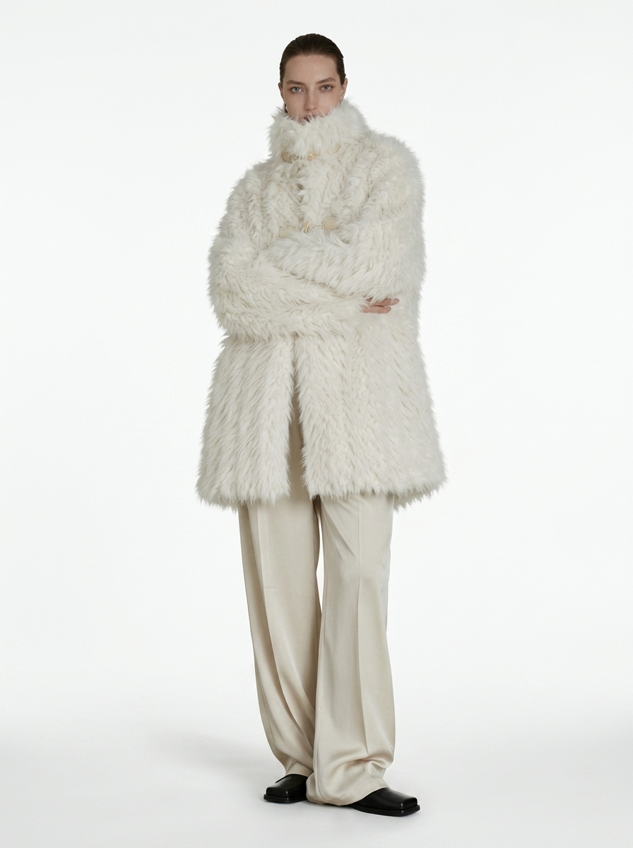 Cream Faux Fur Horn Buckle Coat