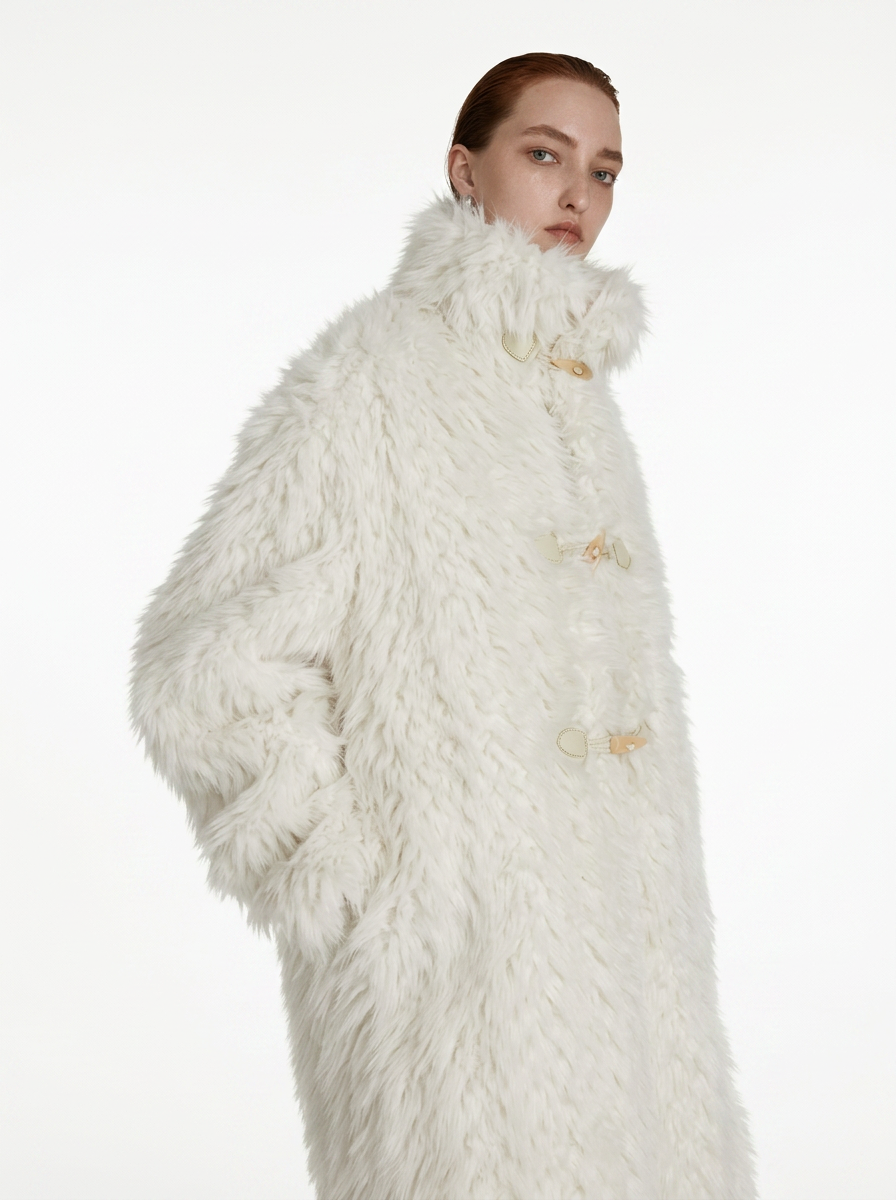 Cream Faux Fur Horn Buckle Coat