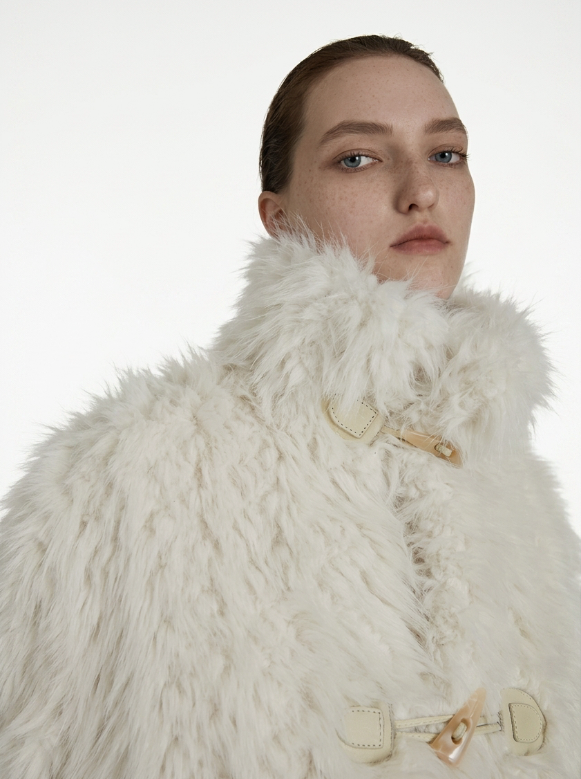Cream Faux Fur Horn Buckle Coat