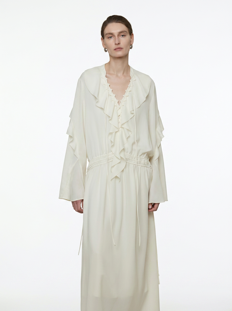 White Lotus Leaf V-Neck Maxi Dress