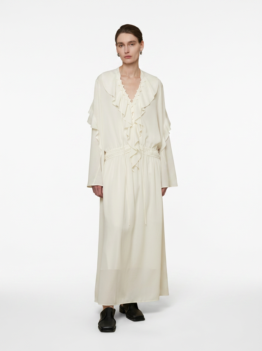 White Lotus Leaf V-Neck Maxi Dress