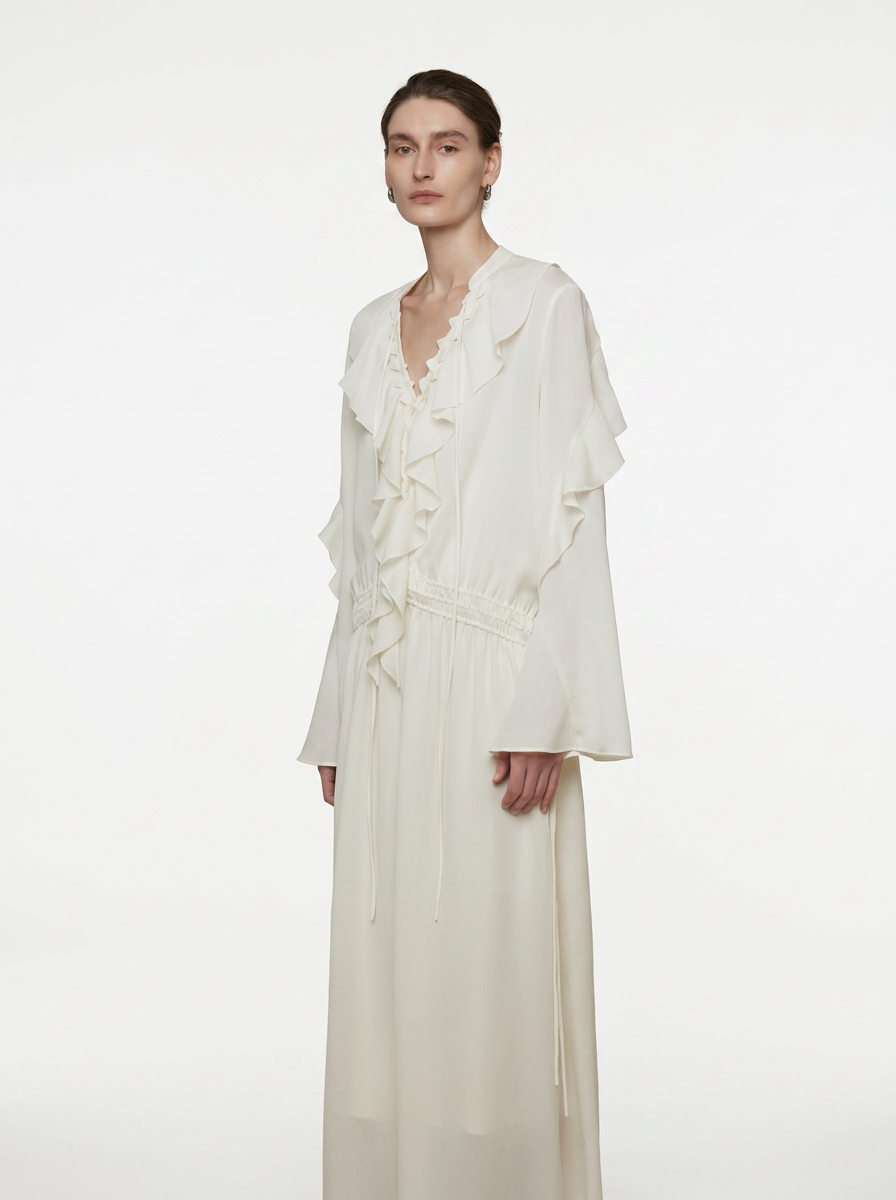White Lotus Leaf V-Neck Maxi Dress