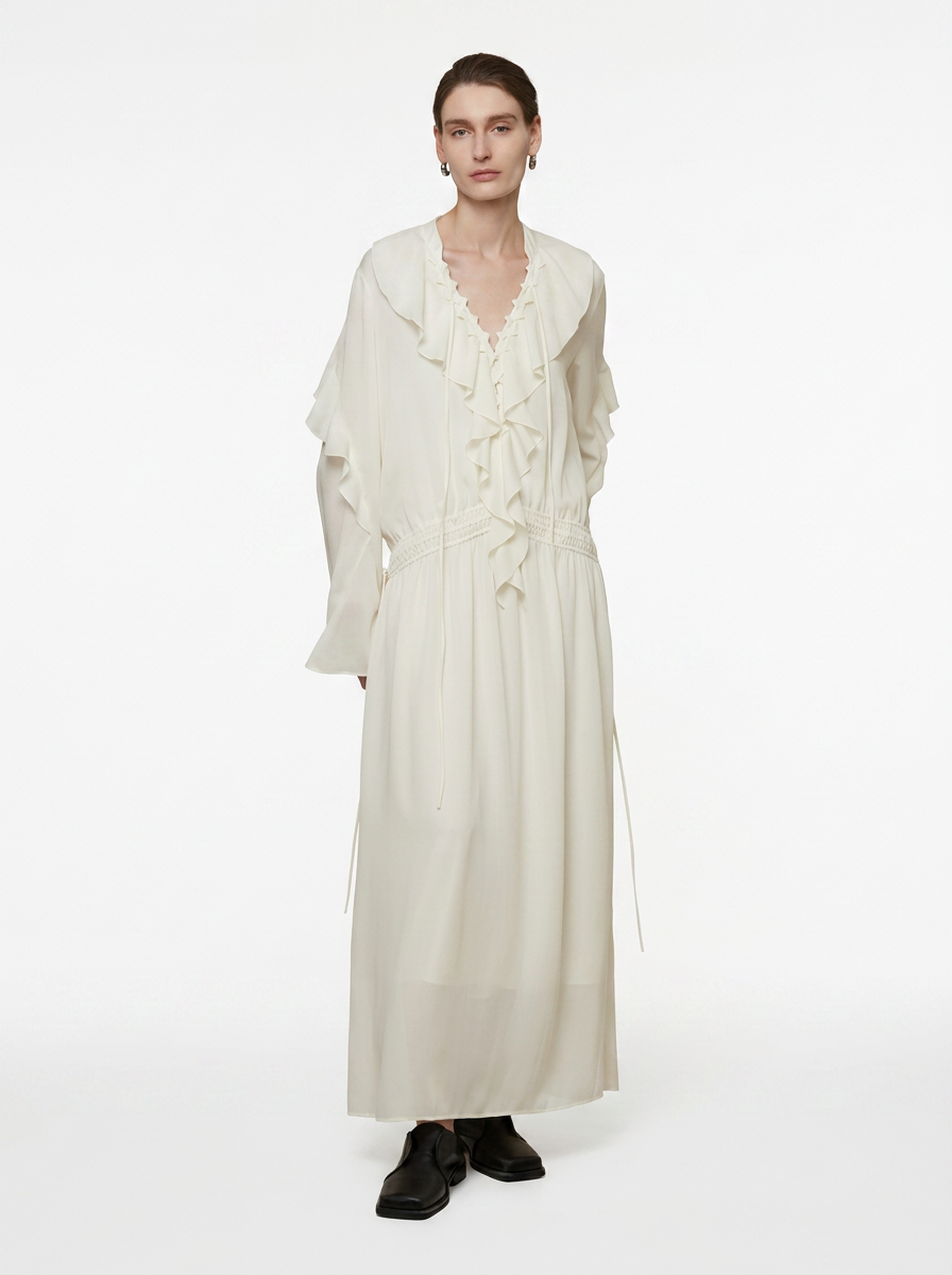 White Lotus Leaf V-Neck Maxi Dress