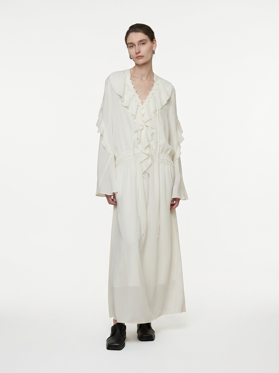 White Lotus Leaf V-Neck Maxi Dress