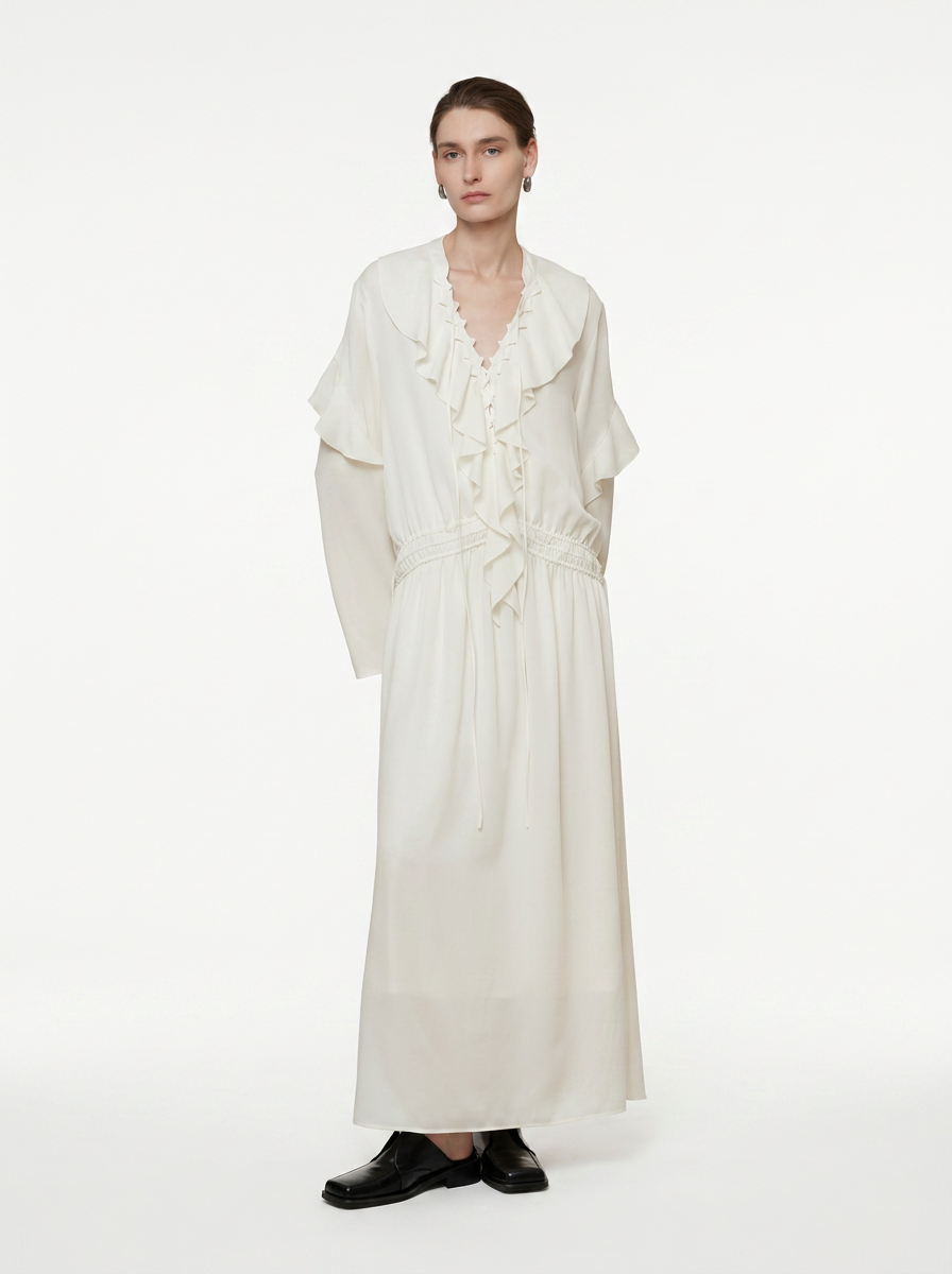 White Lotus Leaf V-Neck Maxi Dress