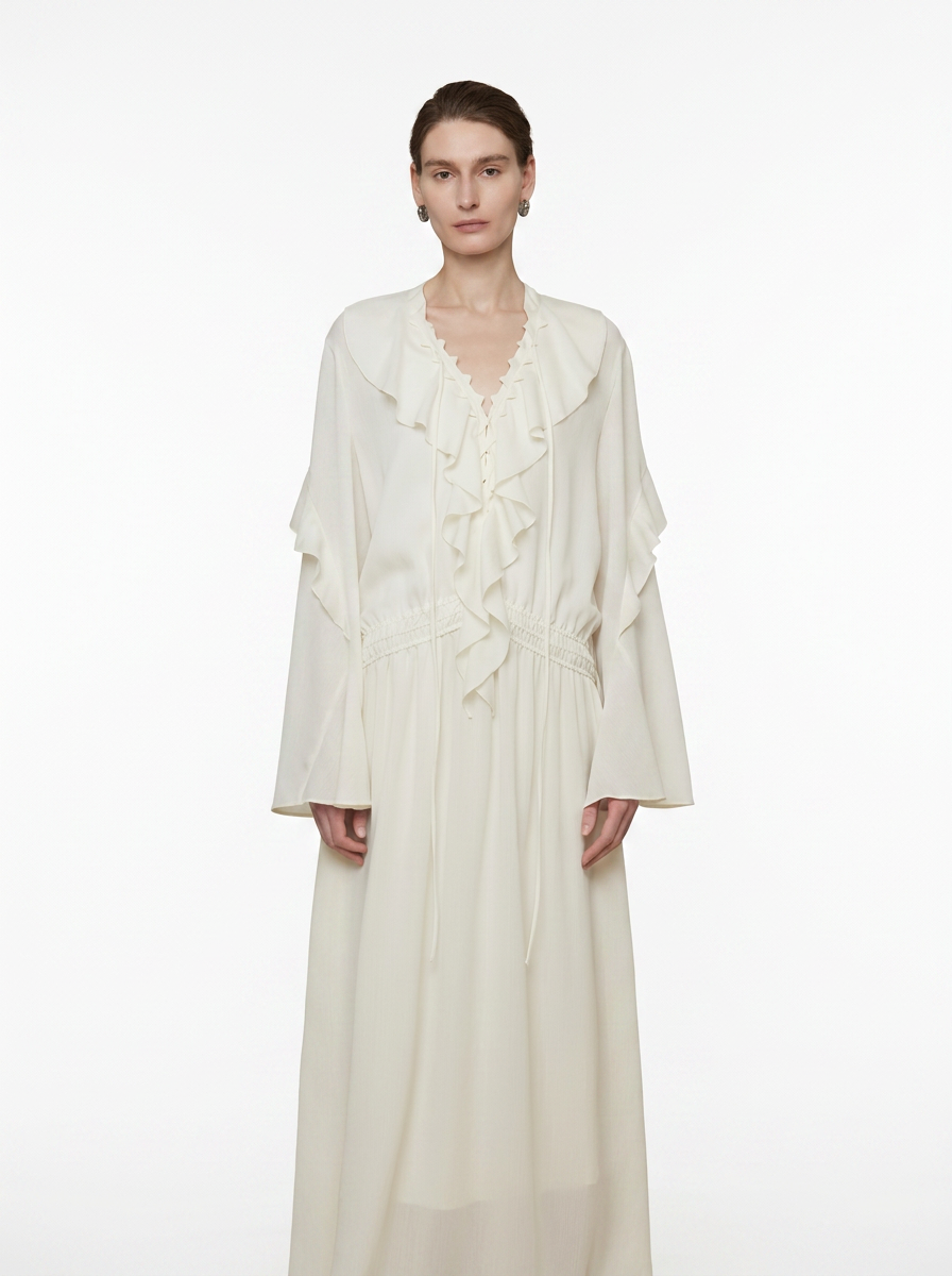 White Lotus Leaf V-Neck Maxi Dress