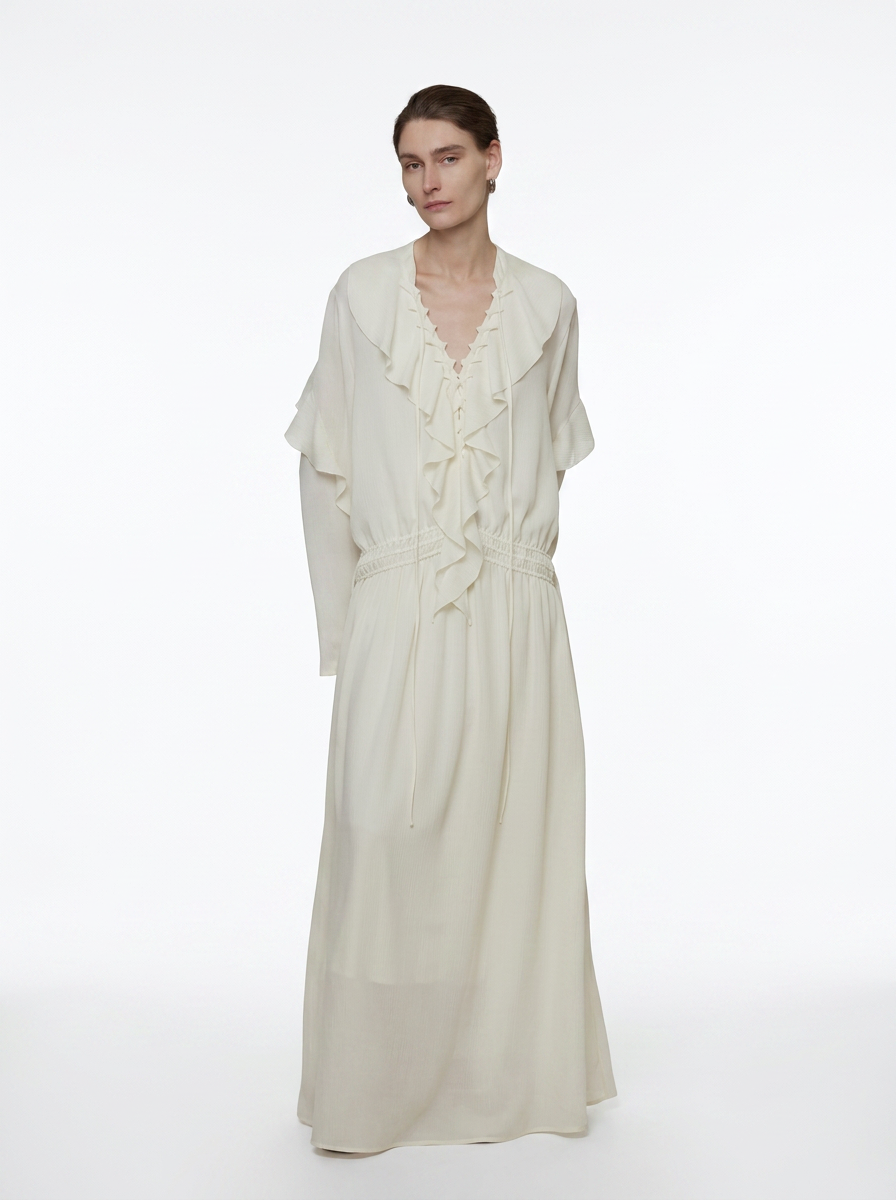 White Lotus Leaf V-Neck Maxi Dress