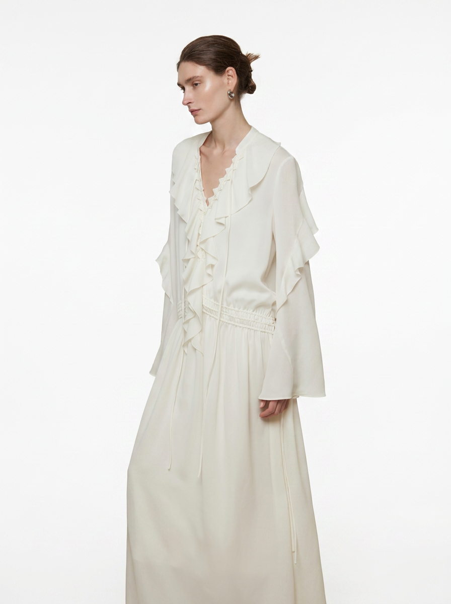 White Lotus Leaf V-Neck Maxi Dress