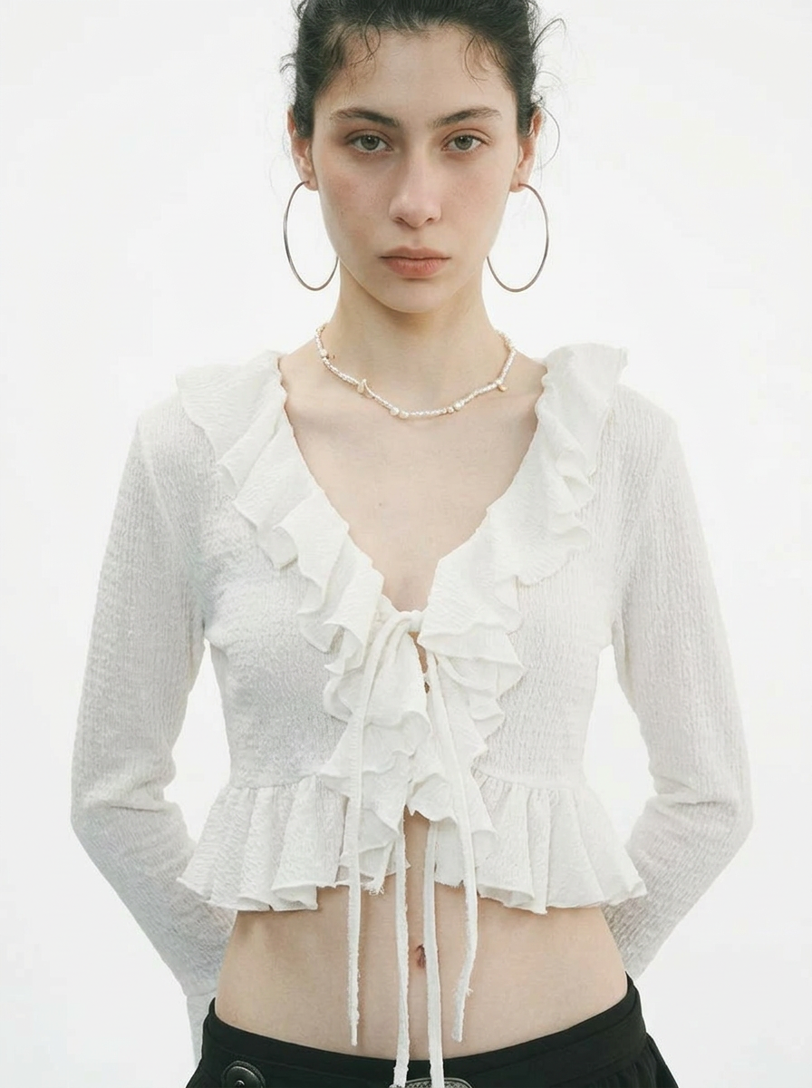 White Lotus Leaf Ruffle Trumpet Sleeve Blouse