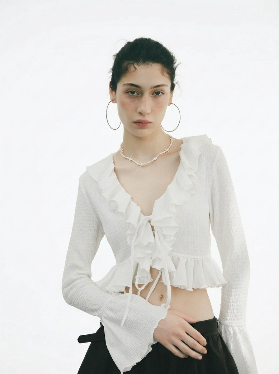 White Lotus Leaf Ruffle Trumpet Sleeve Blouse