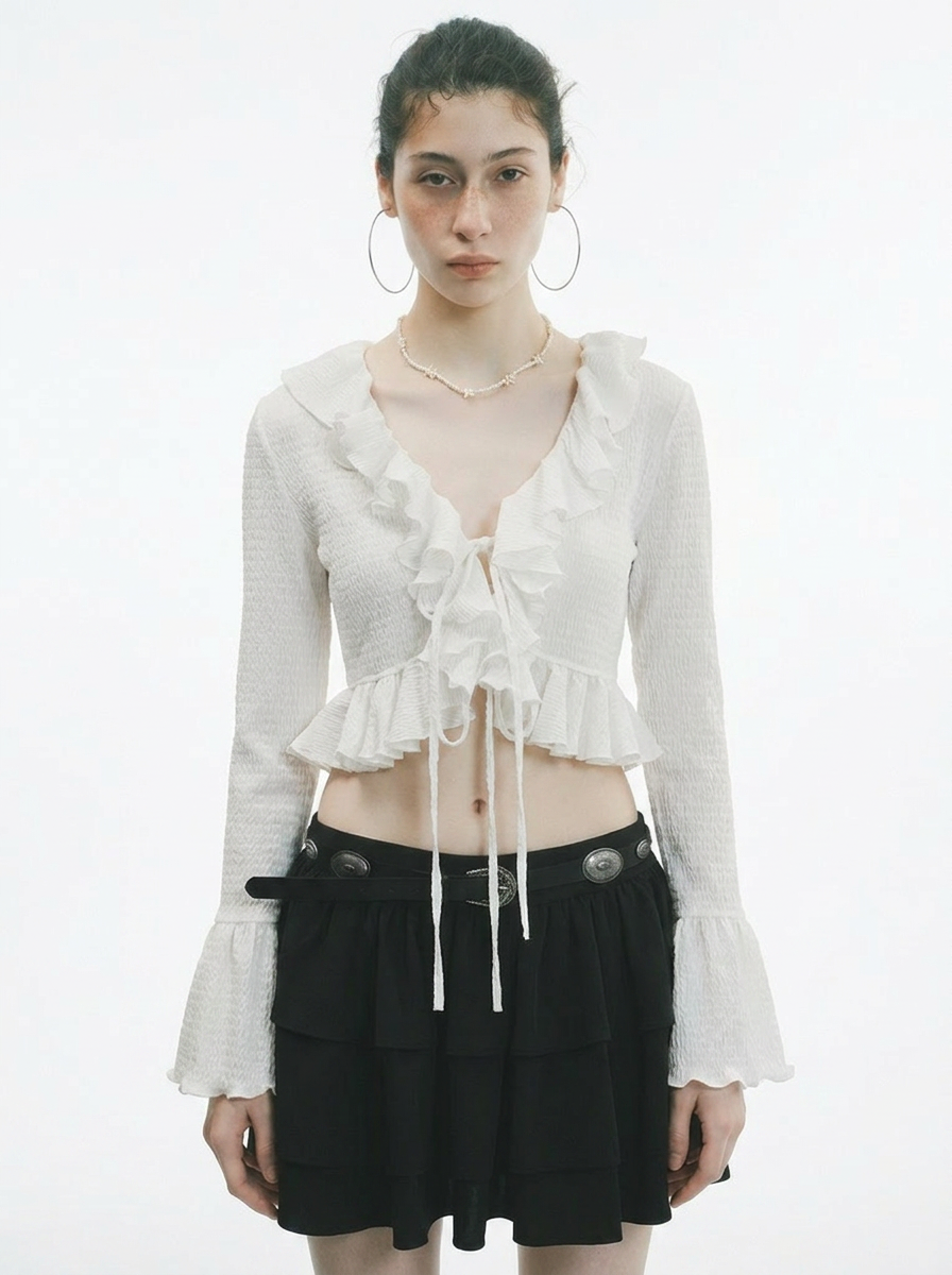 White Lotus Leaf Ruffle Trumpet Sleeve Blouse