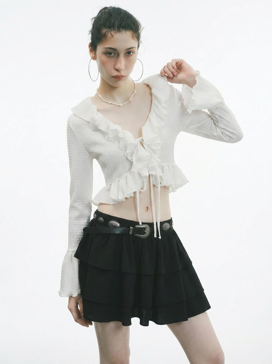 White Lotus Leaf Ruffle Trumpet Sleeve Blouse