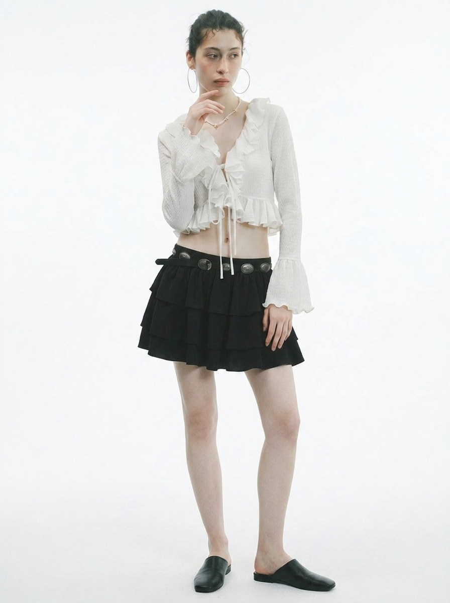 White Lotus Leaf Ruffle Trumpet Sleeve Blouse