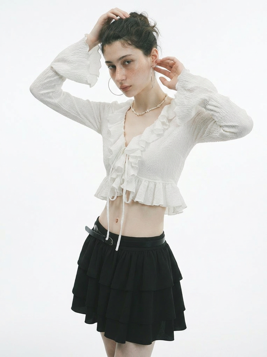 White Lotus Leaf Ruffle Trumpet Sleeve Blouse