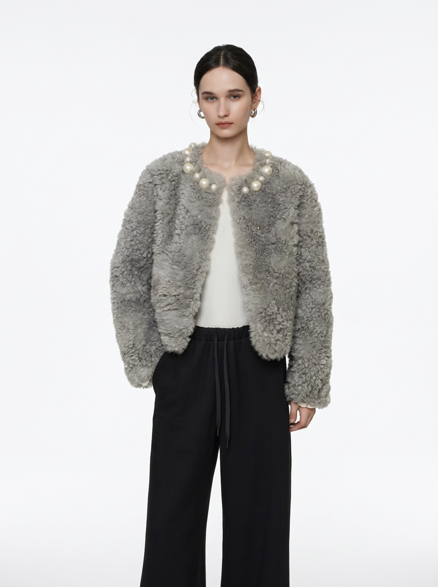 Grey Pearl Embellished Teddy Jacket