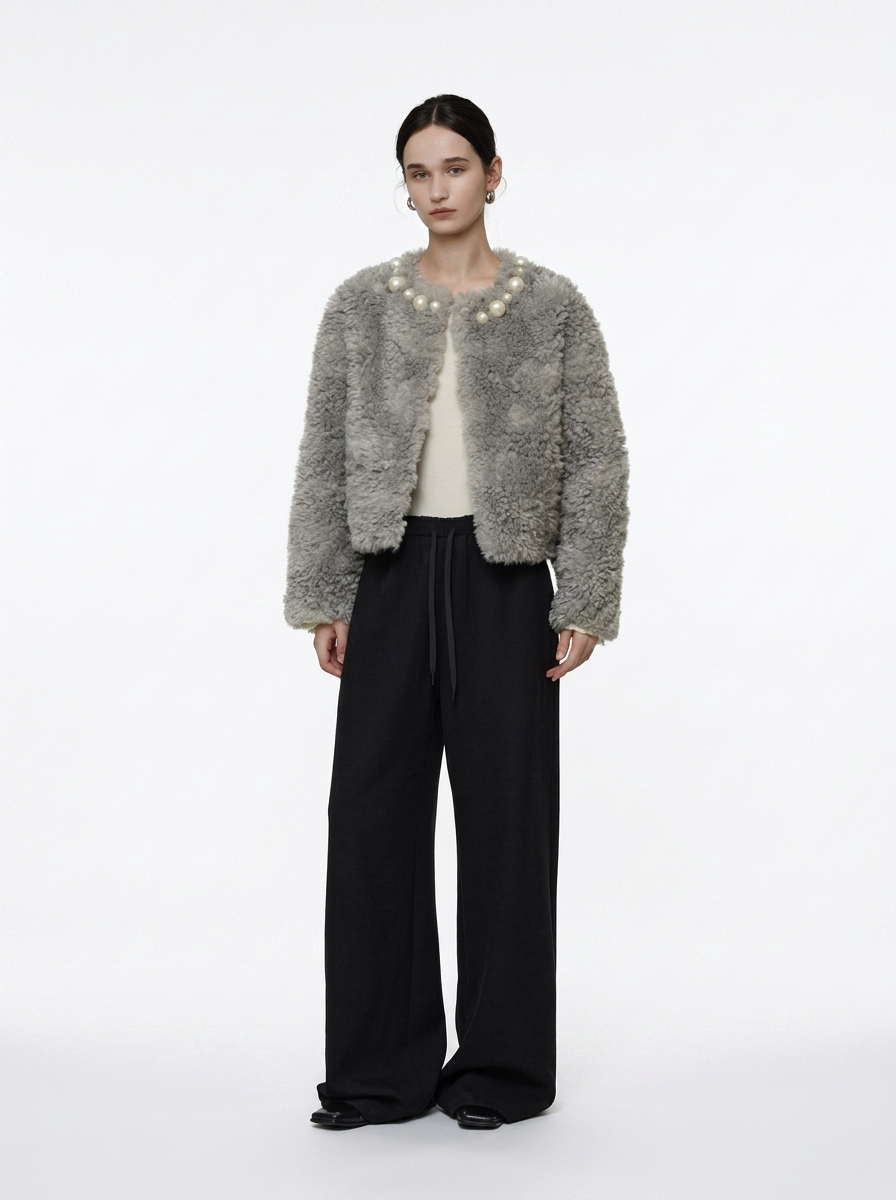 Grey Pearl Embellished Teddy Jacket