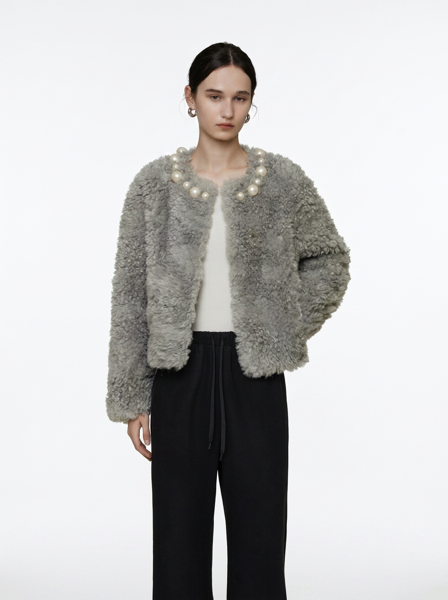 Grey Pearl Embellished Teddy Jacket