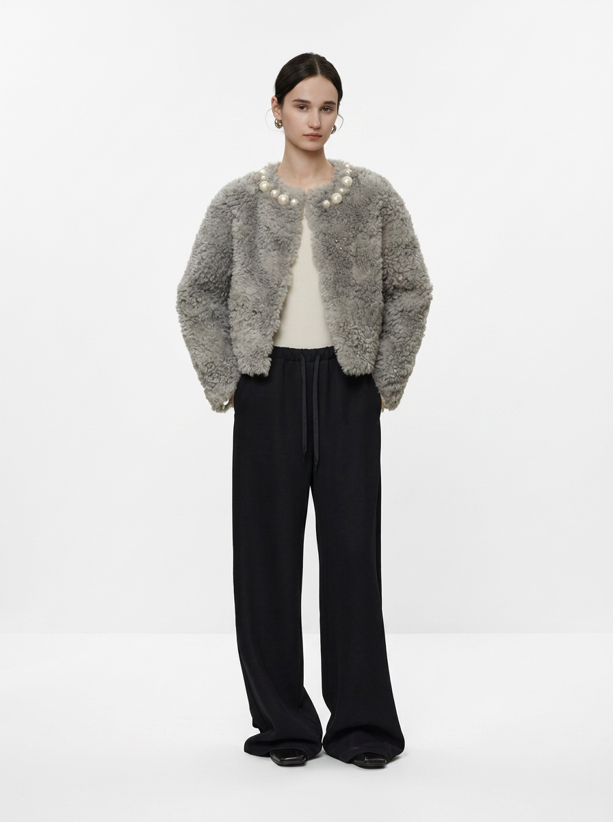 Grey Pearl Embellished Teddy Jacket