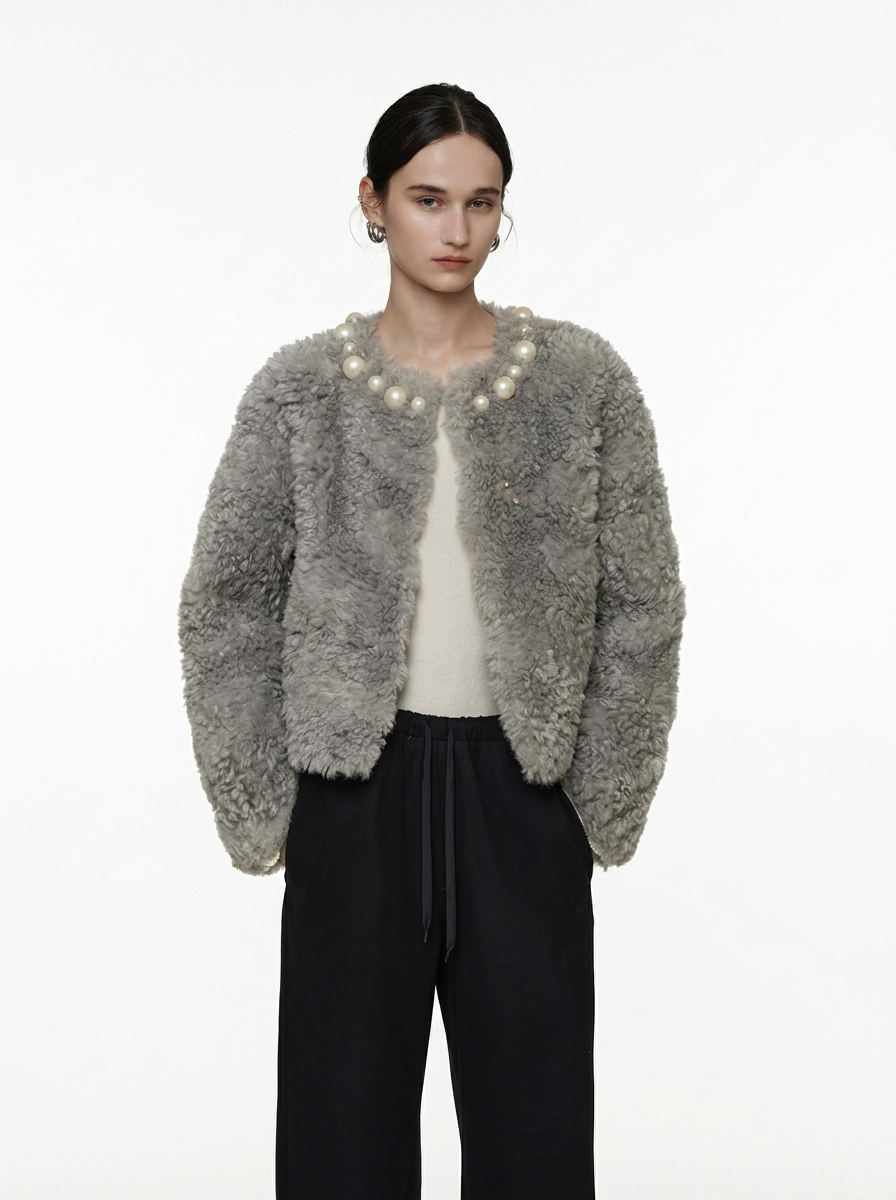 Grey Pearl Embellished Teddy Jacket