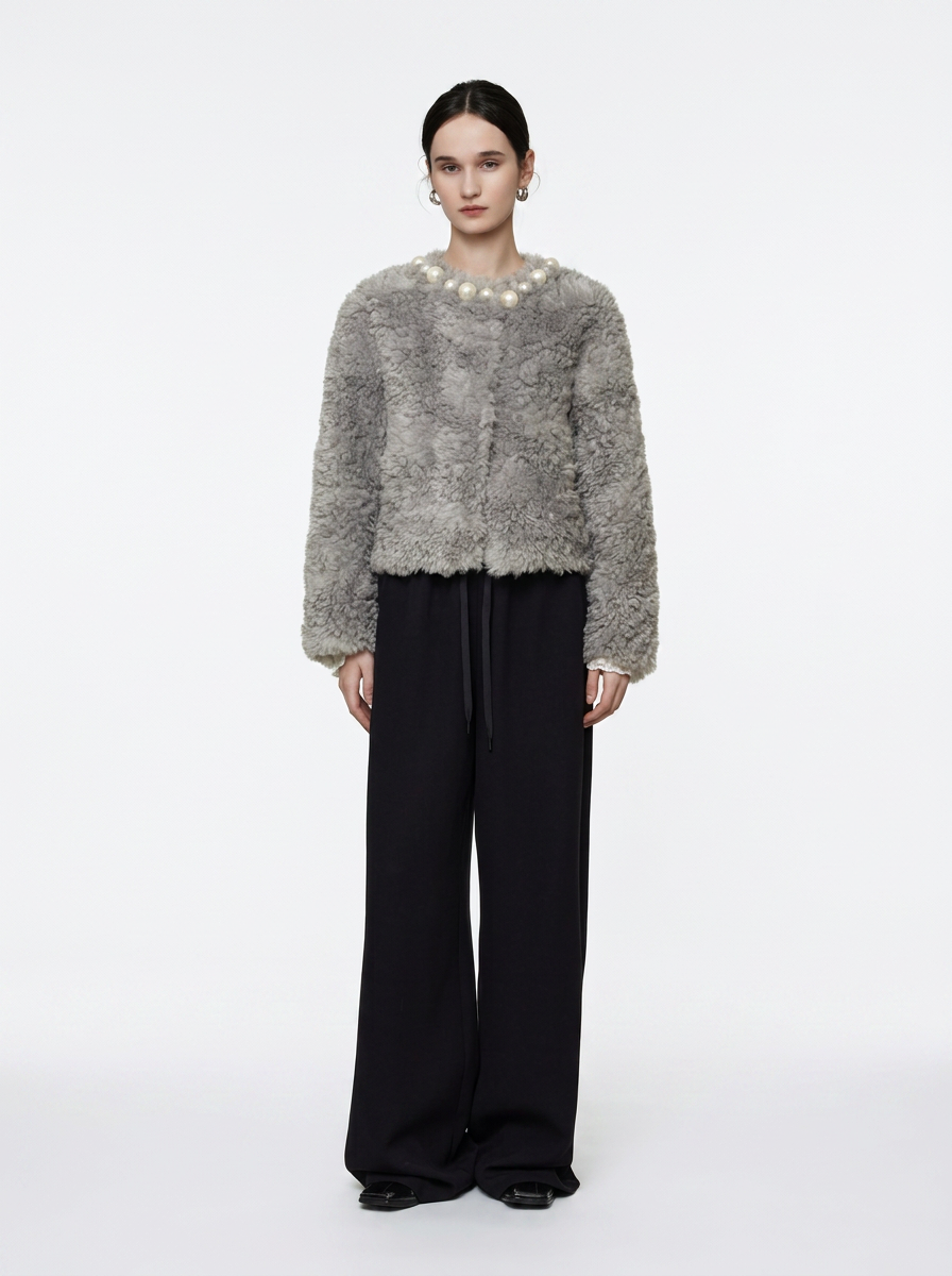 Grey Pearl Embellished Teddy Jacket