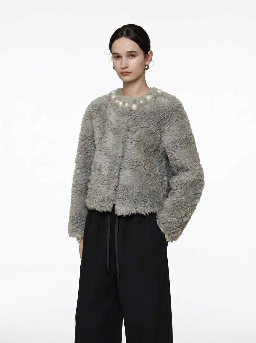 Grey Pearl Embellished Teddy Jacket