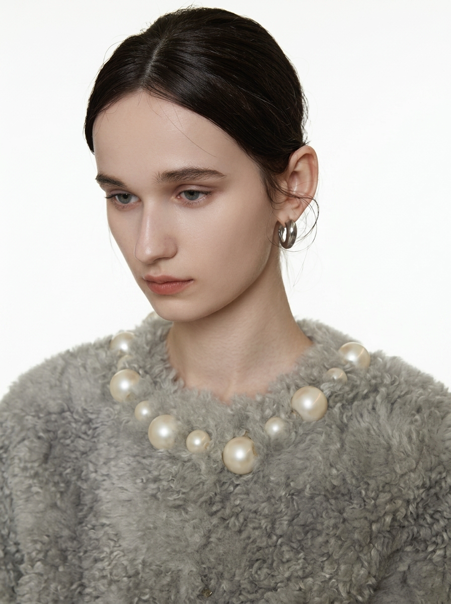 Grey Pearl Embellished Teddy Jacket